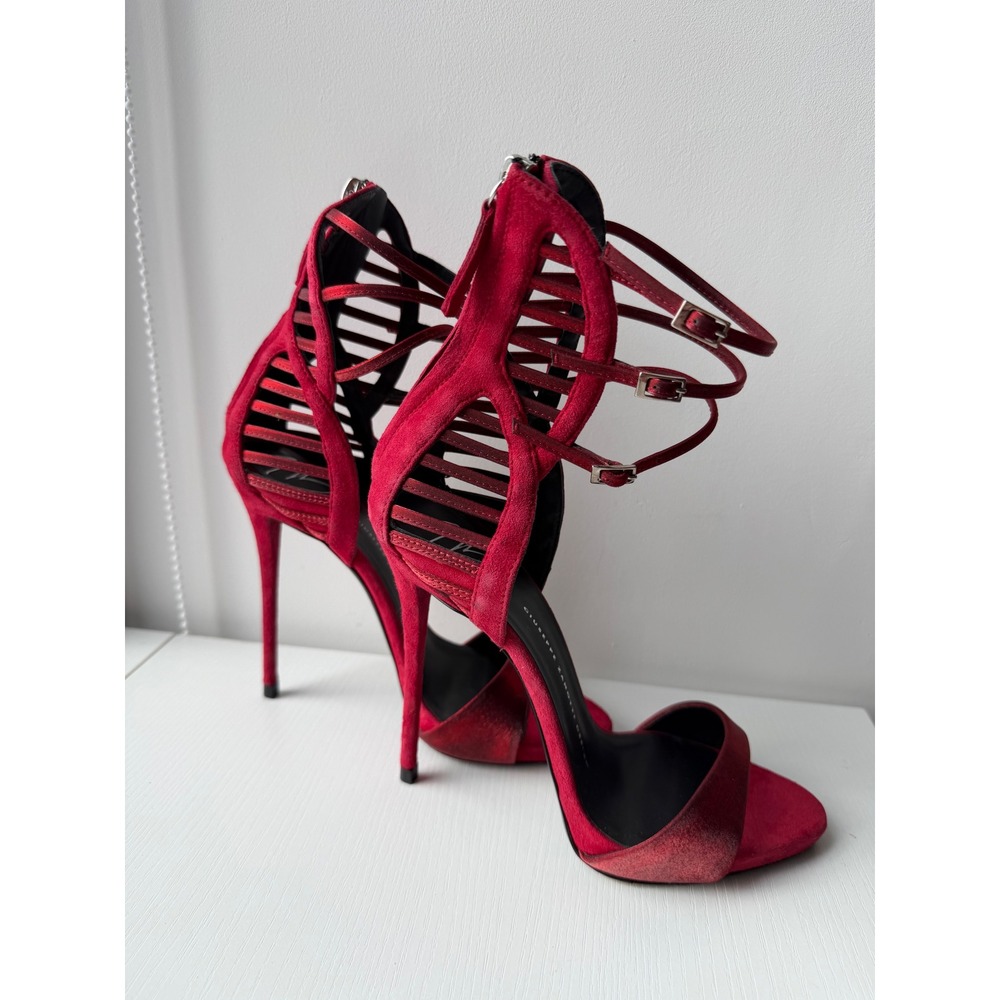Giuseppe Zanotti Red Suede Metallic Satin Cage Stiletto Sandals Heels Size 38 - Picture 4 of 12